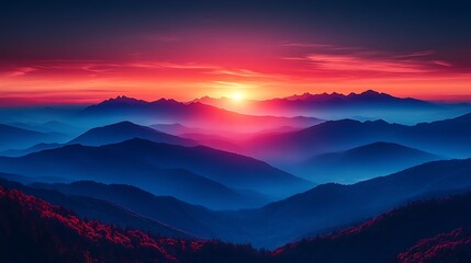 Obraz premium Dreamy Mountain Landscape With Vibrant Sunset And Deep Blue Hues Photo