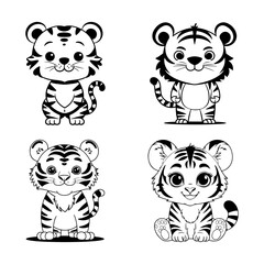 Black and white cartoon style tiger vector illustration, stylized tiger silhouette, detailed tiger silhouette.