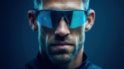 Obraz premium A man with intense focus wears blue sports sunglasses in a striking, close-up portrait.