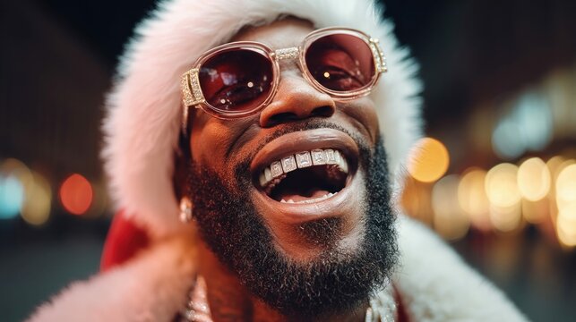 A stylish man in a santa hat with sunglasses and a diamond grill is smiling brightly at the viewer.