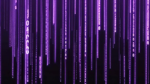 A vibrant purple backdrop featuring a cascade of binary code, ideal for technology and digital-themed projects.