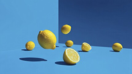Several lemons scattered on a bright blue-4 - colorful  fruit ripe