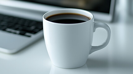 White coffee cup on desk near laptop, minimal workspace