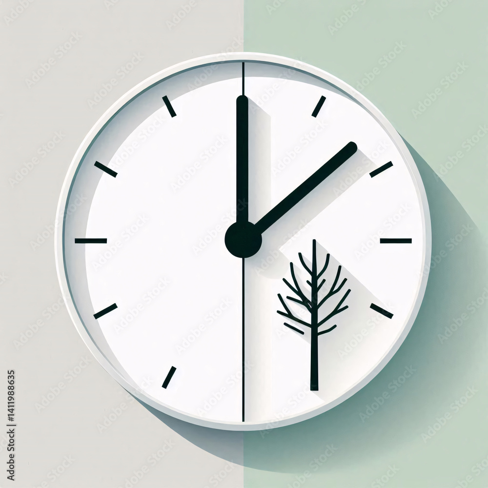 Poster Symbolic transition from winter to spring in minimalist style with analog clock and seasonal background division