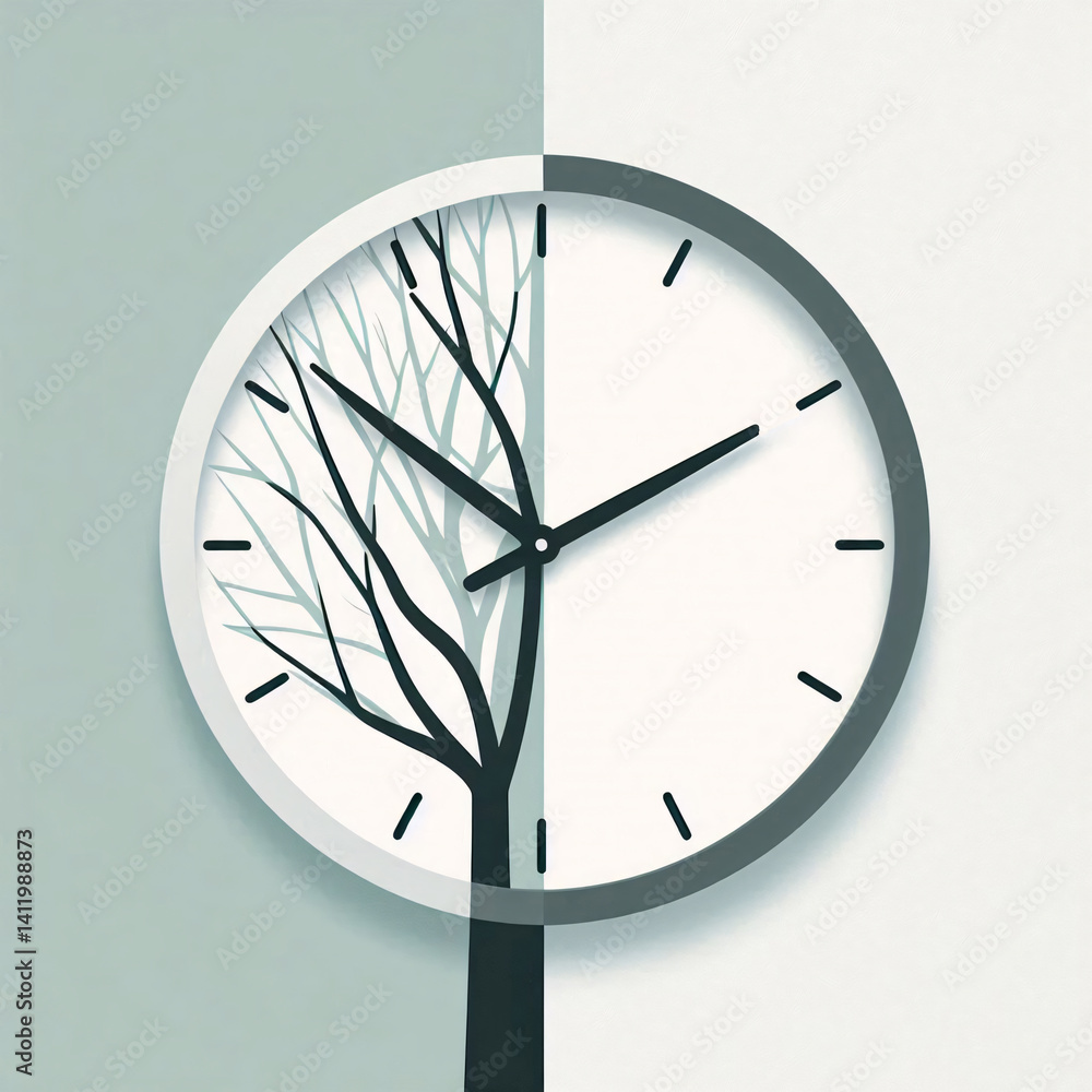 Poster Modern flat-style image of daylight saving time change with clock and two-tone seasonal background split