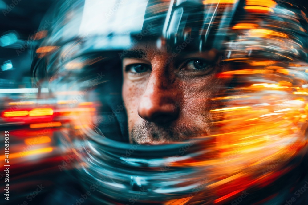 Poster a focused portrait of a man in a helmet, blended with streaks of light, creating a sense of velocity