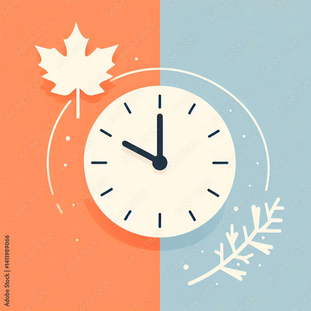 Poster Simplified visual of clock turning back to represent end of daylight saving time with autumn and winter theme