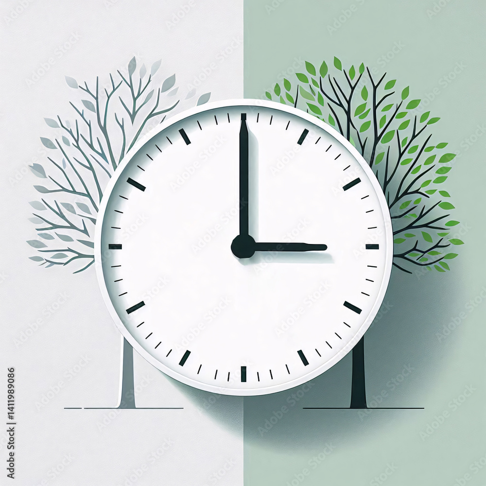 Poster Simple graphic showing clock moving forward from 2 to 3 with minimal colors and symbolic trees for winter and spring