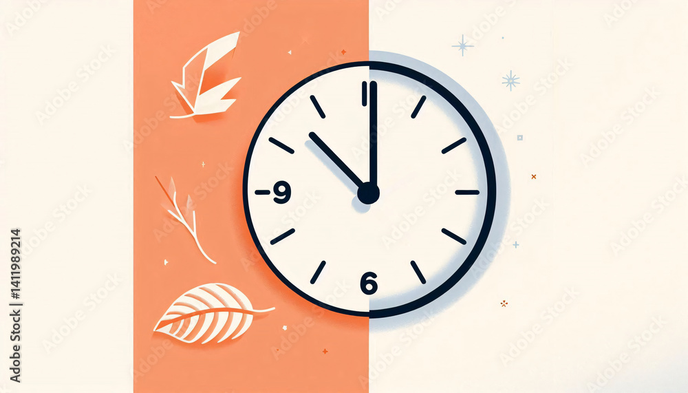 Aufkleber Minimal autumn-to-winter time change concept with half-orange fall and half-snowy background and clock
