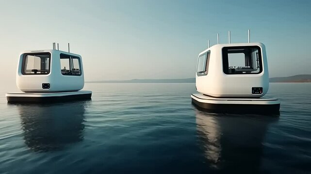 Futuristic floating pods on serene water, showcasing advanced design and tranquility at dawn