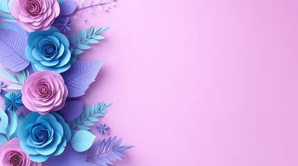 3D rendering illustration of paper roses and leaves in purple and blue pastel colors, floral composition for greeting cards on Valentine's Day, Mother's Day, or International Women's Day with a backgr