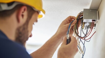 An electrician fixing a light fixture on a ceiling. Featuring expertise and focus
