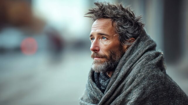 A weathered man wrapped in a warm blanket gazes thoughtfully. The soft focus background adds depth, suggesting a moment of quiet contemplation on a chilly day.