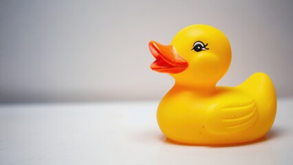 A yellow rubber duck is sitting on a white surface. The duck is looking at the camera and he is curious