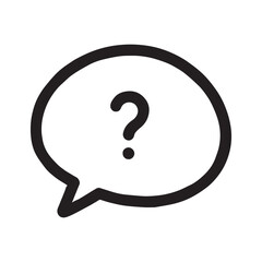 A black and white illustration of a speech bubble with a question mark inside it.