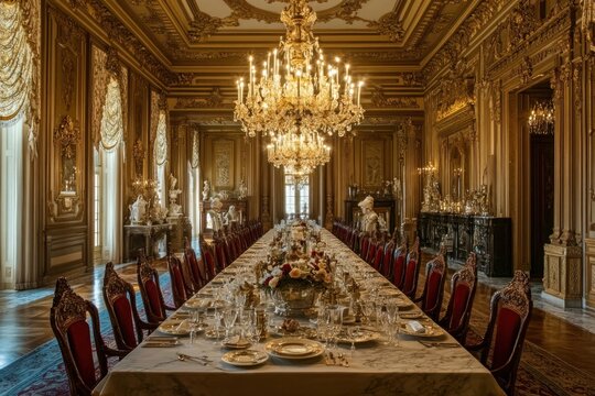 A historic mansion dining hall with a 20-foot-long marble table and grand chandeliers. The gilded moldings and fine china reflect aristocratic elegance. Guests prepare for an evening of refined entert