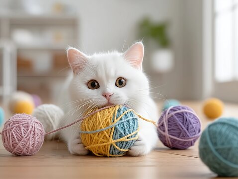 Curiosity and play &mdash; pet care and cozy home concept. kitten with curious eyes playing with wool thread