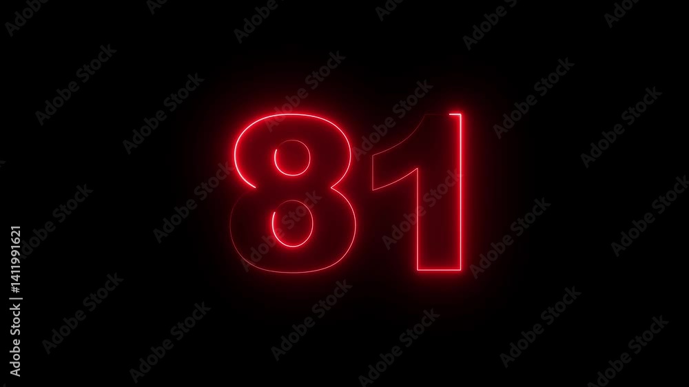 Poster neon number 81 on black background 4k animation. neon dial number 81 glowing animation. glowing neon