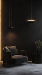 Minimalist modern interior in dark tones with ultra modern elegant lighting. Luxury Contemporary background

