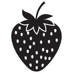 A black and white illustration of a strawberry shaped like a heart with a pointed top and a small stem at the top.