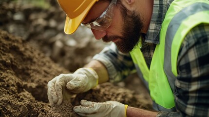 Civil engineer reviewing soil samples at a construction foundation. Featuring scientific analysis and planning