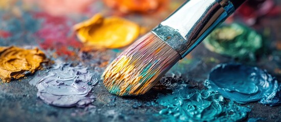 Obraz premium Artist palette with paintbrush and colors, creative process, close up