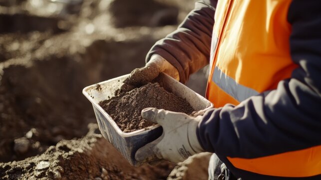 Civil engineer reviewing soil samples at a construction foundation. Featuring scientific analysis and planning