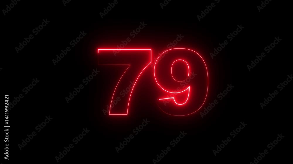Poster neon number 79 on black background 4k animation. neon dial number 79 glowing animation. glowing neon