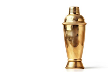 A shining gold cocktail shaker resting elegantly on a minimalist white surface isolated on transparent background