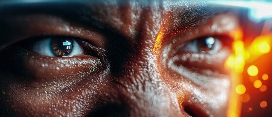 Close-up of a determined person's face, sweat glistening under dramatic lighting. The intense gaze captures focus and determination within a vibrant backdrop.