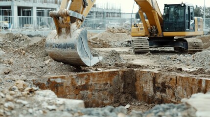 Fototapeta premium Construction supervisor overseeing excavation work at a building site. Featuring oversight and coordination