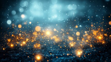 Abstract background with blue and gold bokeh lights and sparkles on a dark surface.