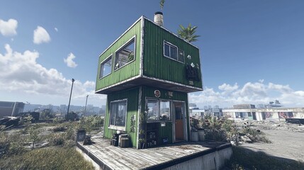 Obraz premium Green, square, elevated structure in a post-apocalyptic setting.