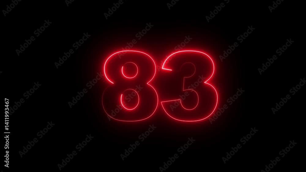 Poster neon number 83 on black background 4k animation. neon dial number 83 glowing animation. glowing neon