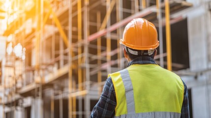 Construction worker adjusting scaffolding at a building site. Featuring safety and stability
