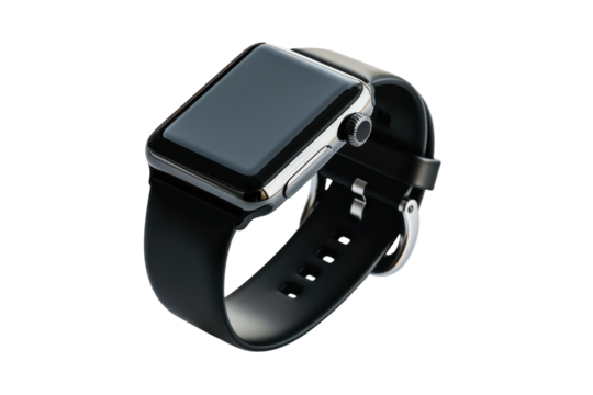 A sleek smartwatch on a smooth surface, highlighting its minimalist design and functionality isolated on transparent background