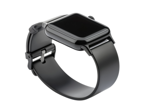 Stylish black smartwatch resting elegantly on a surface with a minimalist design and modern appeal isolated on transparent background - Powered by Adobe