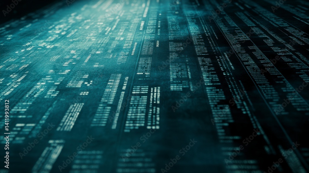Poster abstract digital data stream, teal and black color scheme, glowing particles, perspective view.