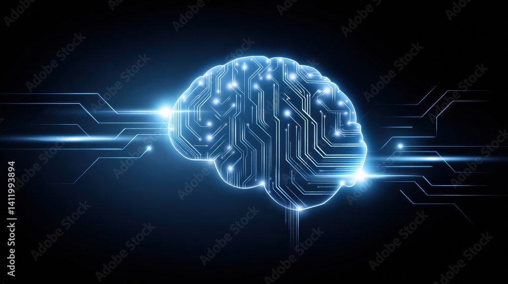 Poster a futuristic digital brain with glowing circuitry, representing advanced technology and artificial i