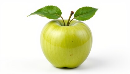 Fresh Green Apple with Leaves on White Background for Healthy Food and Nutrition Concepts
