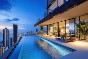Obraz premium A lavish penthouse rooftop with a private infinity pool overlooking the skyline at twilight. The luxurious ambiance, modern decor, and seamless indoor-outdoor transition create an elite urban retreat.