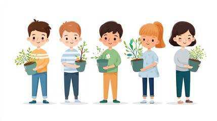 Fototapeta premium A group of five children cheerfully holding potted plants, showcasing their love for gardening and nature in a colorful, illustrative style.