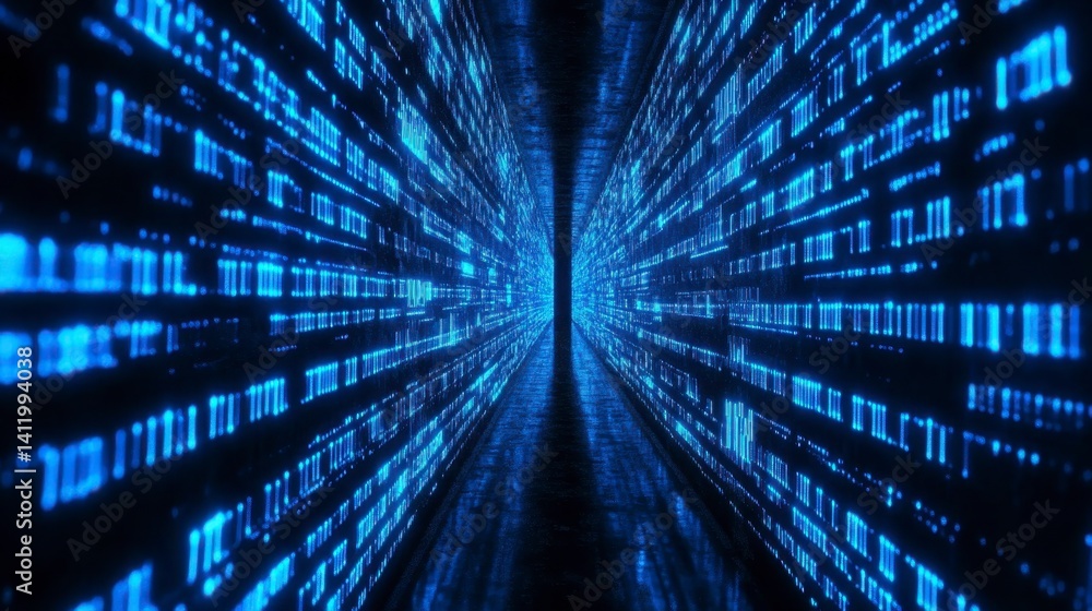 Poster abstract digital tunnel of blue binary code on black background. futuristic data stream concept.