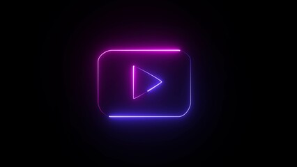 Neon play button on black background. Press to play. Start button sign. Neon audio and video player stop start button icon.