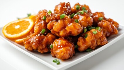 Fototapeta premium Crispy orange chicken, glazed and seasoned, atop a white plate with orange slices