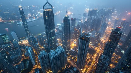 Obraz premium Hong Kong Skyline Night: A Breathtaking Aerial View