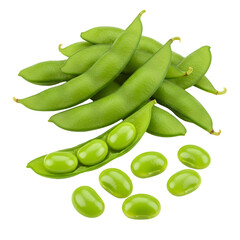 Fresh Edamame Pile with Open Pods on White Background