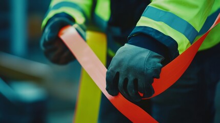 Construction worker applying safety tape to a hazardous area. Featuring caution and responsibility