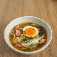 Delicious and savory ramen noodle soup with egg, shrimp, and mushrooms in a white bowl on a wooden table.