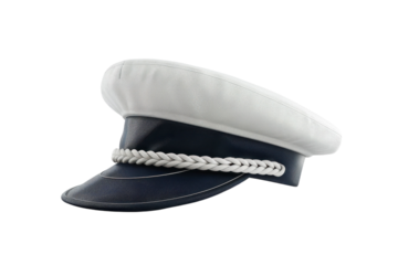 A stylish navy and white sailor hat elegantly displayed on a clean surface isolated on transparent background